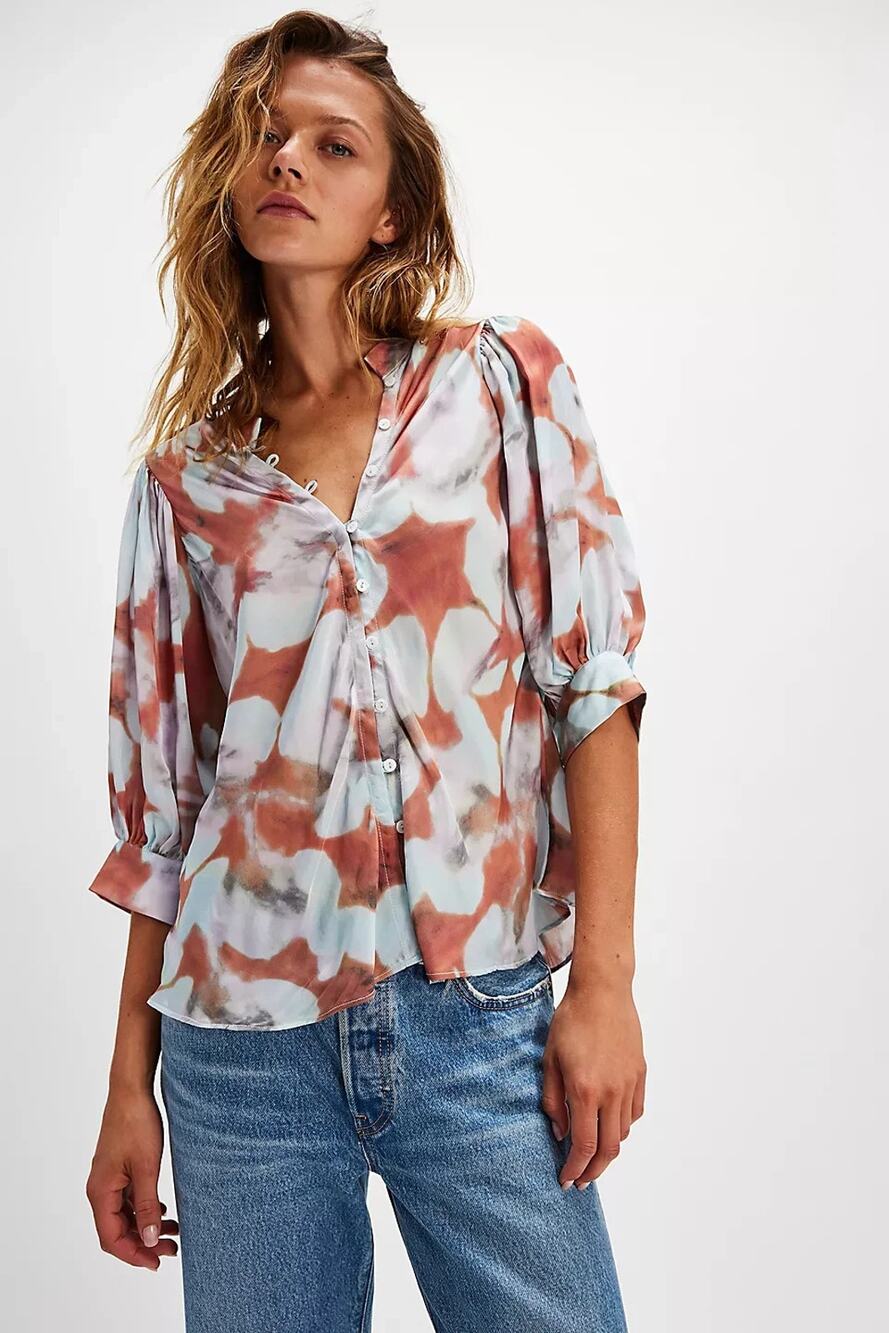 Jen's Pirate Booty Reflection Saloon Top Blouse Button Down Shirt Blue Brown L
